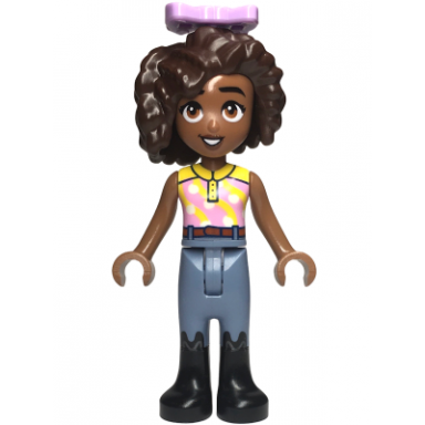 friends aliya - yellow and bright pink top sand blue trousers black boots lavender bow