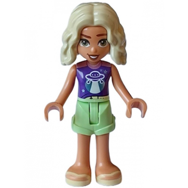 friends nova - dark purple and metallic pink shirt yellowish green shorts bright light yellow sandals