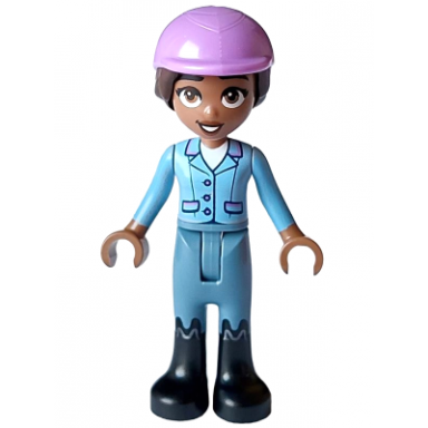 friends aliya - bright light blue jacket sand blue trousers black boots medium lavender horse riding helmet