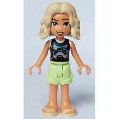 friends nova - black and white shirt with video game controller yellowish green shorts bright light yellow sandals