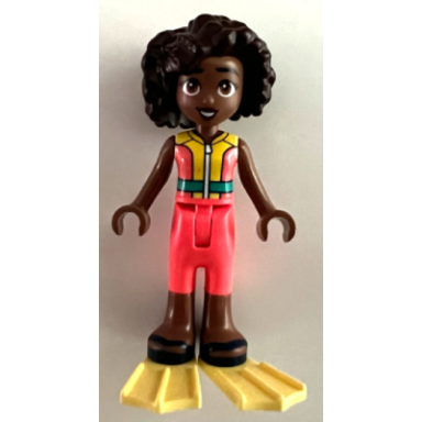 friends aliya - coral and yellow sleeveless wetsuit dark turquoise belt dark blue sandals bright light yellow flippers