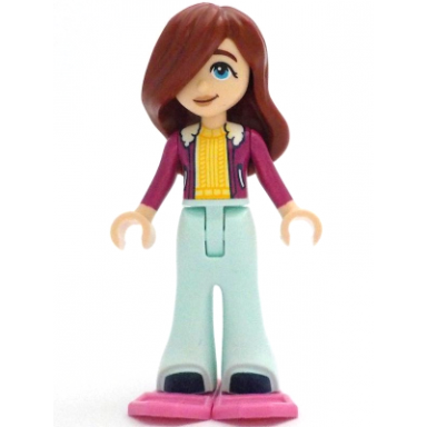 friends paisley - magenta jacket over bright light yellow sweater light aqua trousers bell-bottoms dark pink snowshoes