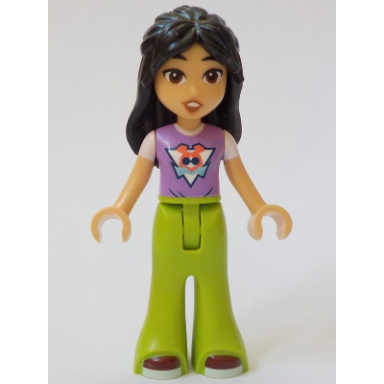 friends liann - medium lavender top lime trousers bell-bottoms dark red shoes smile with top teeth