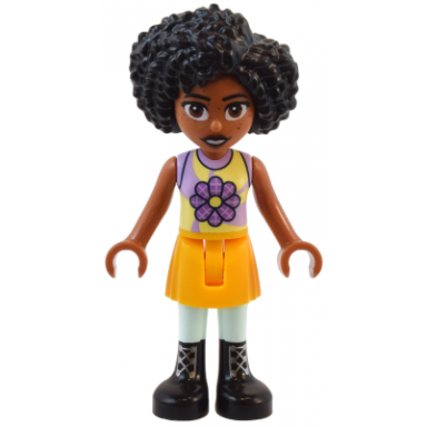 friends jamila - bright light yellow and lavender sleeveless shirt bright light orange skirt black boots