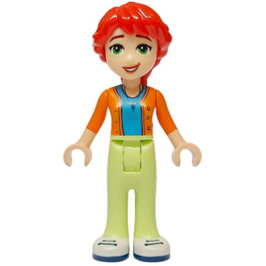 friends mia adult - dark azure shirt orange sweater yellowish green pants white shoes with dark blue soles and laces