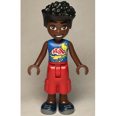 friends zac - blue shirt with red symbols and yellow splotches red cropped trousers dark blue shoes
