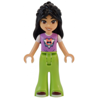 friends liann - medium lavender top lime trousers bell-bottoms dark red shoes lopsided smile
