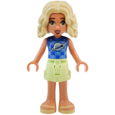 friends nova - blue shirt with classic space logo yellowish green shorts bright light yellow sandals