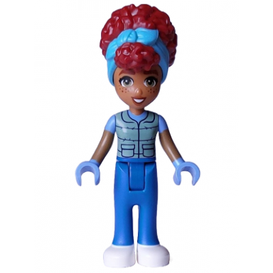 friends gabriela - sand green vest over medium blue shirt blue trousers white shoes medium azure head wrap