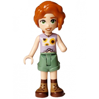 friends autumn - lavender vest with sunflowers sand green shorts nougat and reddish brown boots
