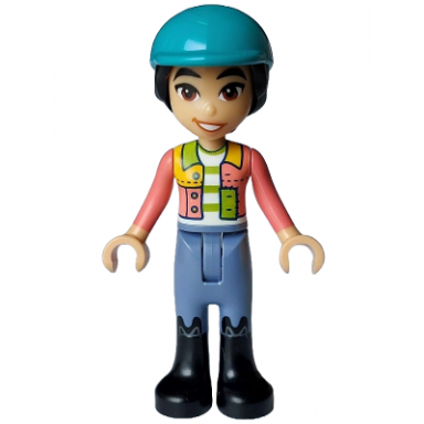 friends liann - coral jacket sand blue trousers black boots dark turquoise horse riding helmet