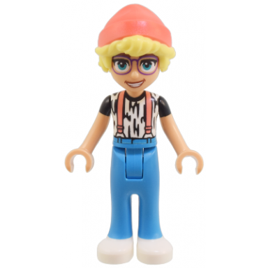 friends olly - white shirt with black stripes coral suspenders dark azure trousers white shoes coral hat