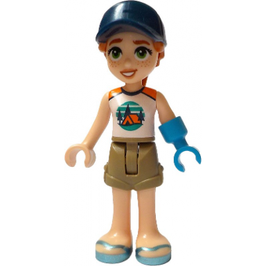 friends autumn - white and orange sleeveless top with tent dark tan shorts metallic light blue sandals prosthetic hand