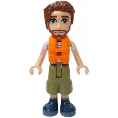 friends jonathan - white t-shirt with tent olive green cropped trousers dark blue shoes orange life jacket