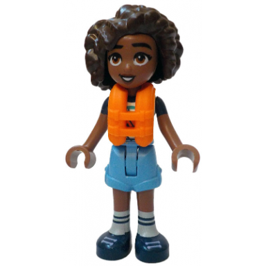 friends aliya - white t-shirt with tent medium blue shorts dark blue shoes orange life jacket