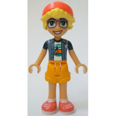 friends olly - sand blue jacket over white t-shirt with tent bright light orange shorts coral shoes and hat