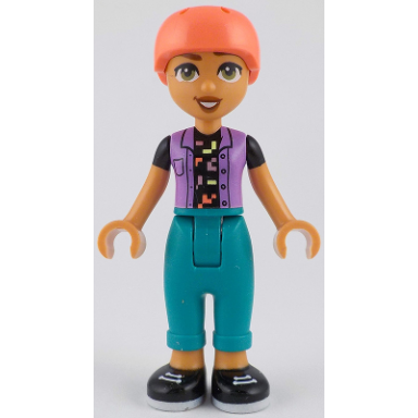friends nova - medium lavender vest over black shirt dark turquoise trousers coral helmet