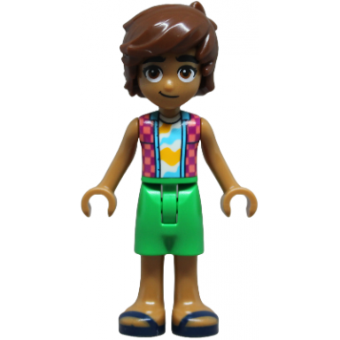 friends leo - coral and magenta checkered sleeveless shirt bright green shorts dark blue sandals