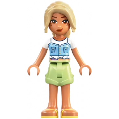 friends sara - bright light blue top ostomy bag yellowish green shorts bright light yellow sandals