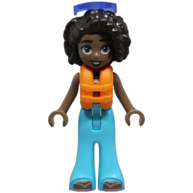 friends aliya - white crochet top medium azure trousers bell-bottoms metallic pink flip flops orange life jacket trans-purple sunglasses