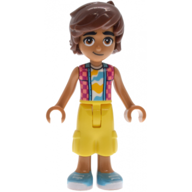 friends leo - coral and magenta checkered sleeveless shirt yellow cropped trousers medium azure shoes
