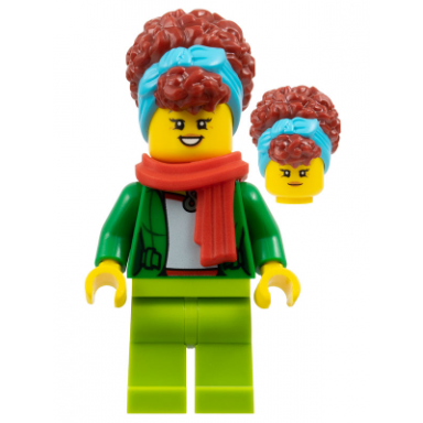 woman - green jacket lime legs medium azure head wrap dark red hair red scarf