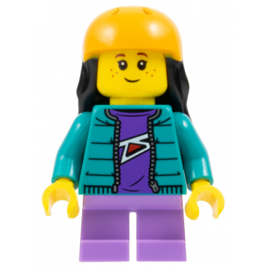 child - girl dark turquoise jacket over dark purple shirt medium lavender short legs bright light orange sports helmet black long hair