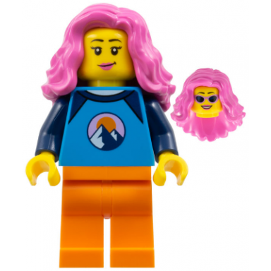 saxophone player - female dark azure and dark blue shirt with mountains orange legs dark pink wavy hair