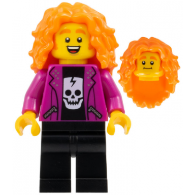 rock singer - male magenta jacket black skull shirt and legs orange long tousled hair