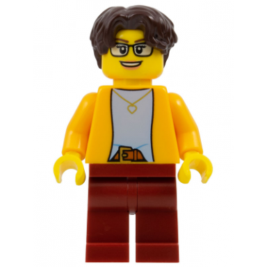 woman - bright light orange jacket over light bluish gray shirt dark red legs dark brown short wavy hair glasses