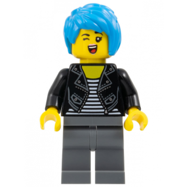 photographer - female black leather jacket over shirt with white stripes dark bluish gray legs dark azure tousled hair