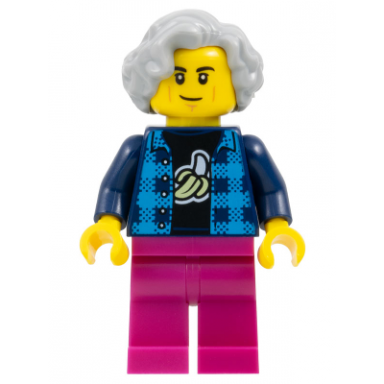 man - dark azure and dark blue flannel shirt over black banana t-shirt magenta legs light bluish gray wavy hair