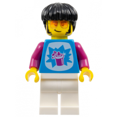 guitarist - male dark azure shirt with slushy cup white legs black bowl cut hair sunglasses