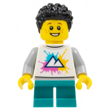 child - boy white shirt with mountains logo dark turquoise short legs black short coiled hair freckles