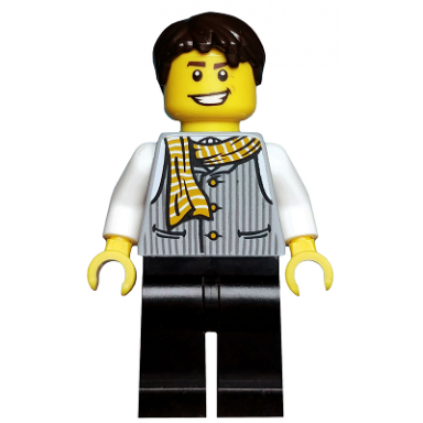 striped vest with yellow striped scarf black legs dark brown tousled hair