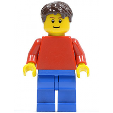 plain red torso with red arms blue legs dark brown short tousled hair