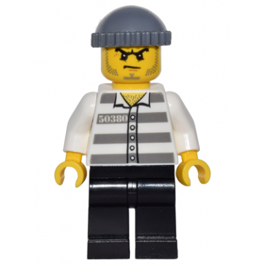 police - jail prisoner 50380 prison stripes black legs dark bluish gray knit cap beard stubble and scowl