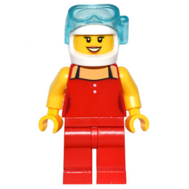 red female top with 2 white buttons and black straps red legs white helmet scuba mask peach lips open mouth smile