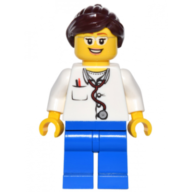 doctor - lab coat stethoscope and thermometer blue legs dark brown ponytail and swept sideways fringe glasses and smile