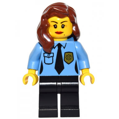 police - female officer black legs reddish brown hair mid-length with part over right shoulder crows feet and beauty mark