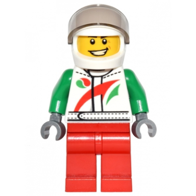octan - jacket with red and green stripe red legs white helmet trans-brown visor crooked smile and laugh lines