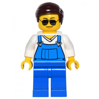 overalls blue over v-neck shirt blue legs dark brown smooth hair black and silver sunglasses black eyebrows