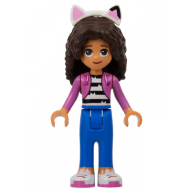 gabby - dark pink jacket over black and white striped shirt blue trousers