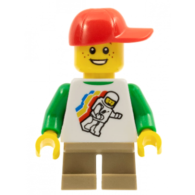 classic space minifigure floating pattern short dark tan legs red short bill cap with seams