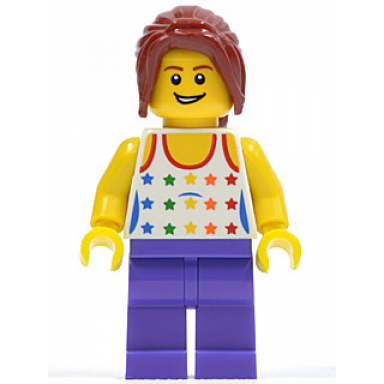 shirt with female rainbow stars pattern dark purple legs dark red hair ponytail long with side bangs
