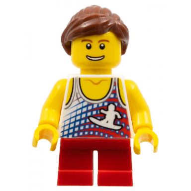 tank top with surfer silhouette red short legs reddish brown ponytail and swept sideways fringe