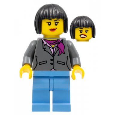 dark bluish gray jacket with magenta scarf medium blue legs black bob cut hair