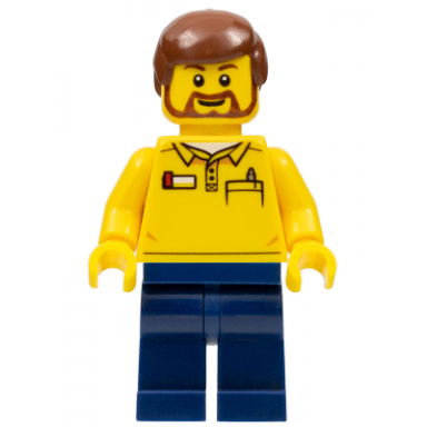 lego store employee dark blue legs brown beard