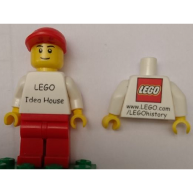 lego idea house minifigure - lego logo with lego history website address on back
