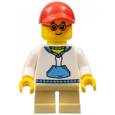 child - boy white hoodie with medium blue pocket tan short legs red cap glasses freckles